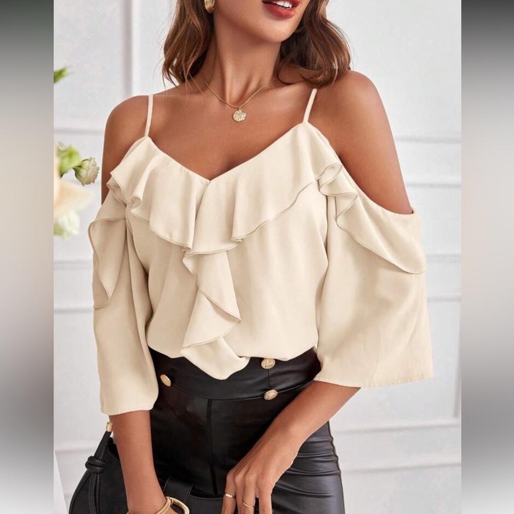 Elegant Red Ruffle Cold Shoulder Top - Picture 7 of 16